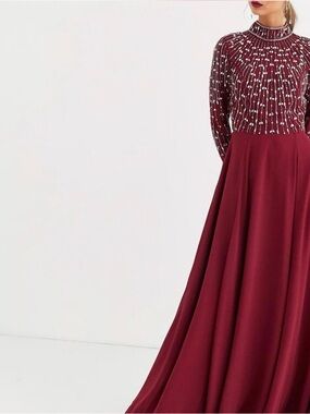 ASOS Embellished Burgundy Long-Sleeve Evening Gown